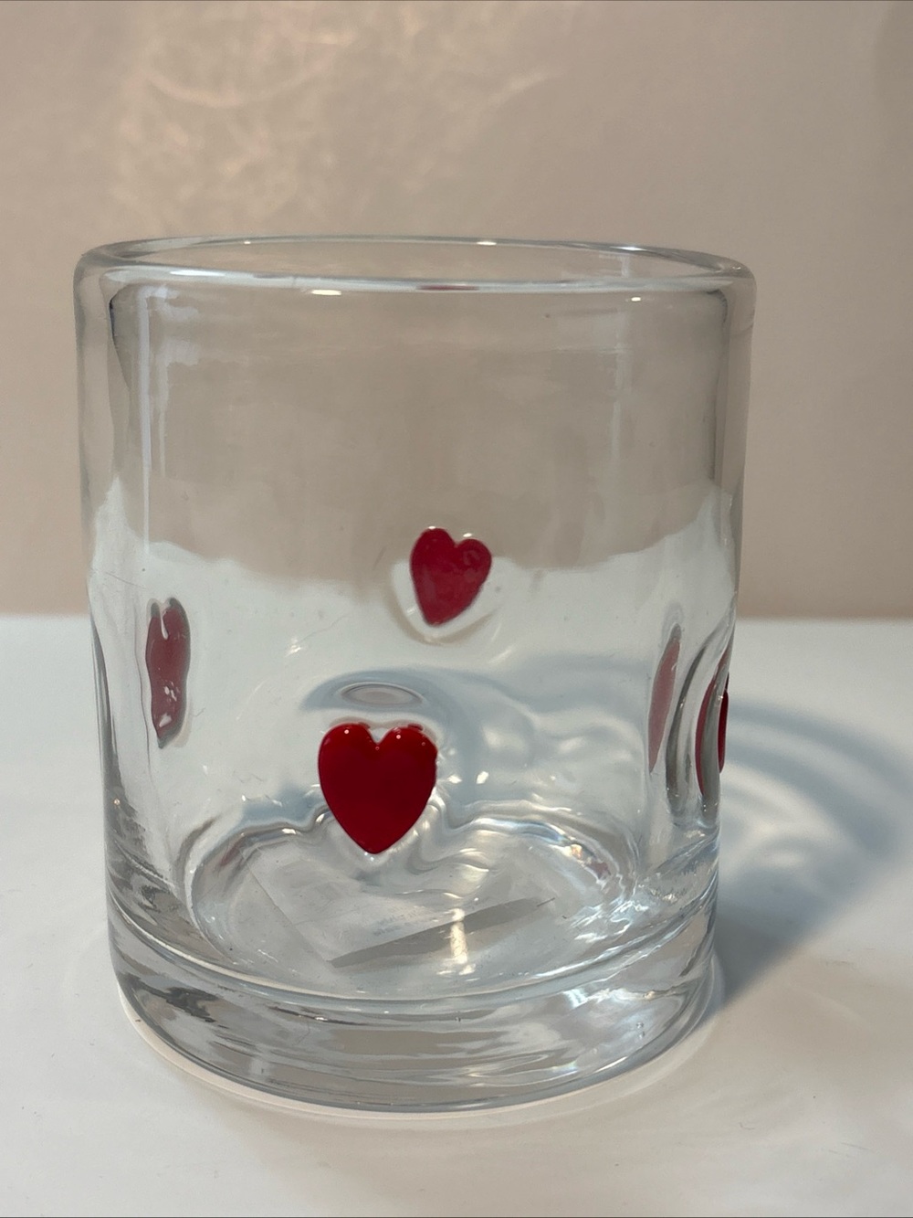 Clear Glass icon Tumbler with Red Heart Design, Round Shape, Glossy Finish New